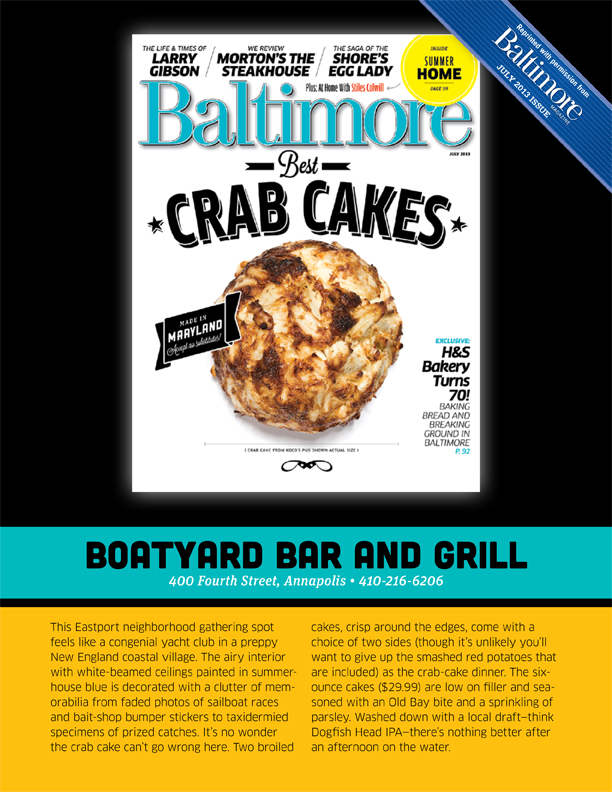 Read what Baltimore Magazine has to say in their press reviews about Boatyard Bar & Grill Best Maryland crab cakes,  Annapolis,  Food awards